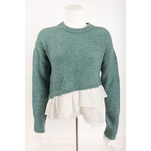 Cinq a Sept Womens Ruffle Hem Atlas Pullover Sweater XS Green White NWT - Picture 1 of 8
